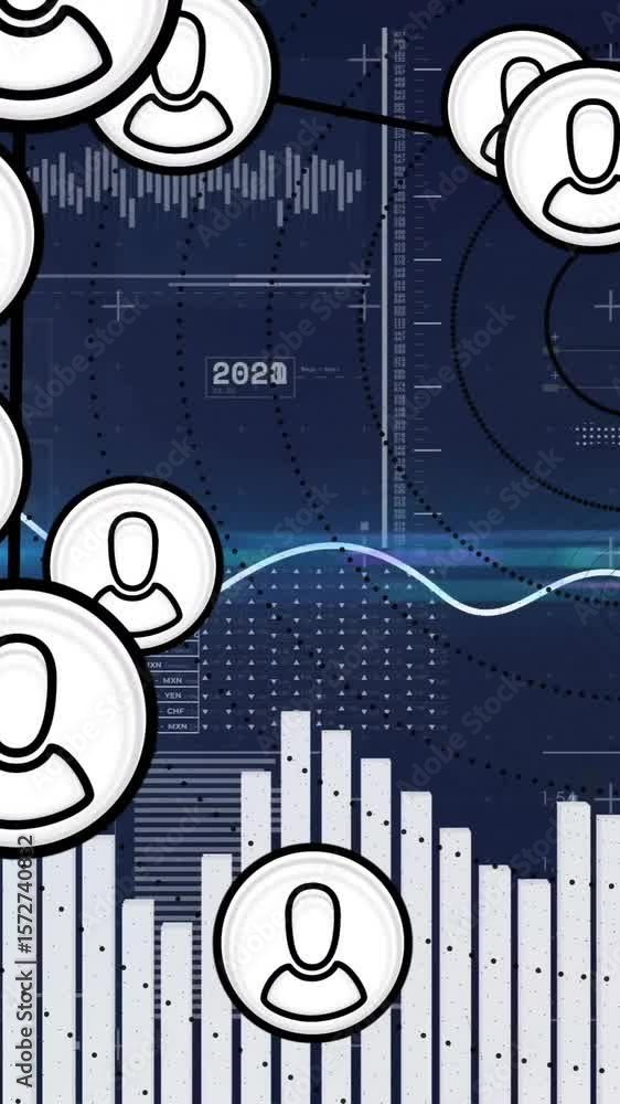 Poster user icons connected by lines, data visualization animation over bar and line graphs