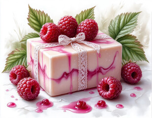 Illustration of handmade pink soap and raspberry berries..