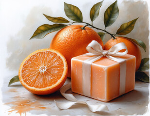 Illustration of handmade orange soap and oranges.