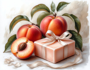 Illustration of handmade cream soap and peaches.