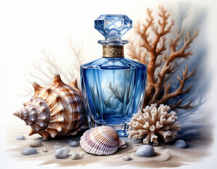 Illustration of a bottle of blue perfume with corals and shells.