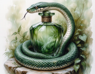 Illustration of a bottle of green perfume and a snake.