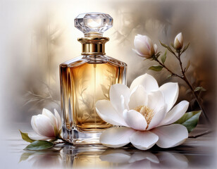 Illustration of a bottle of golden perfume and magnolia flowers.