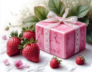 Illustration of handmade pink soap and strawberries.