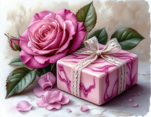 An illustration of handmade soap and a rose flower.