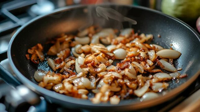 Saut&eacute;ed onions and bacon in frying pan on stovetop with steam  