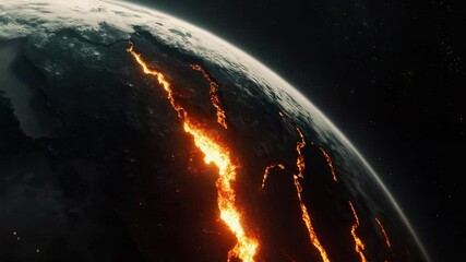 Massive planetary fracture revealing molten rock interior, devastating geological event unfolding from cosmic perspective, exposing earth's deep structural breakdown and intense thermal energy - Powered by Adobe