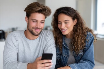 Young caucasian male and female smiling while looking at smartphone together.