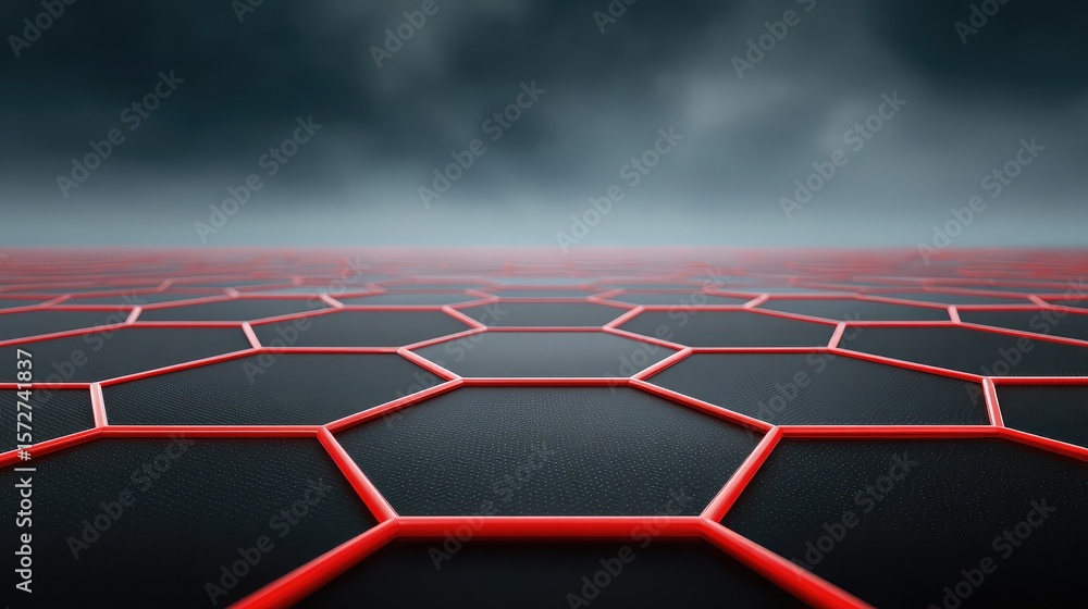 Poster black surface with red lines forming geometric grid design, futuristic tech layout with copy space