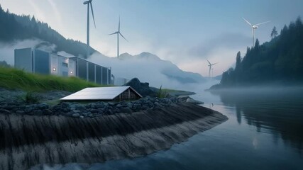 Wind turbines, modern buildings, nature. Good choice for presentations about renewable energy, environmental projects, technology blogs.
