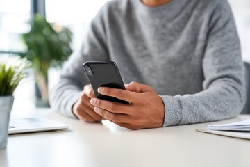 Young hispanic male using smartphone indoors in casual setting.