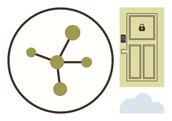 Network connections in a circular diagram next to a digital smart lock door with a cloud element. Ideal for cybersecurity, IoT, smart home, data sharing, technology, innovation, simple flat metaphor