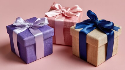 Fototapeta premium Three wrapped gift boxes with colorful ribbons and bows on a solid pink background, studio lighting.