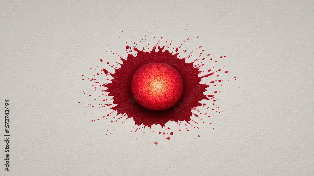 Poster bright red ink drops or splashes on textured surface creating artistic abstract space, clean center