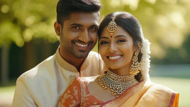 Couple in traditional Indian wedding attire smiling and embracing.