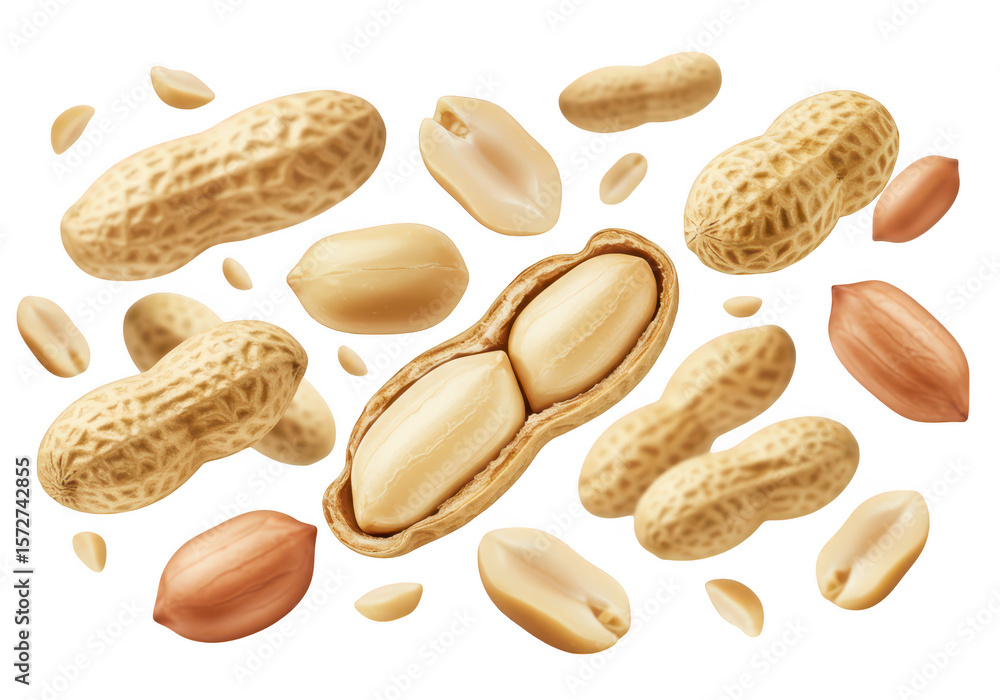 Poster a delightful scattering of peanuts, both shelled and unshelled, creates a visually appealing composi