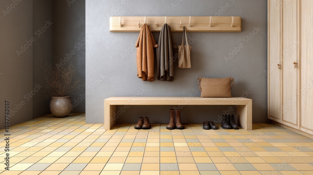 Poster clean tiled entry area with shoe bench and hooks, neutral tones with copy space available