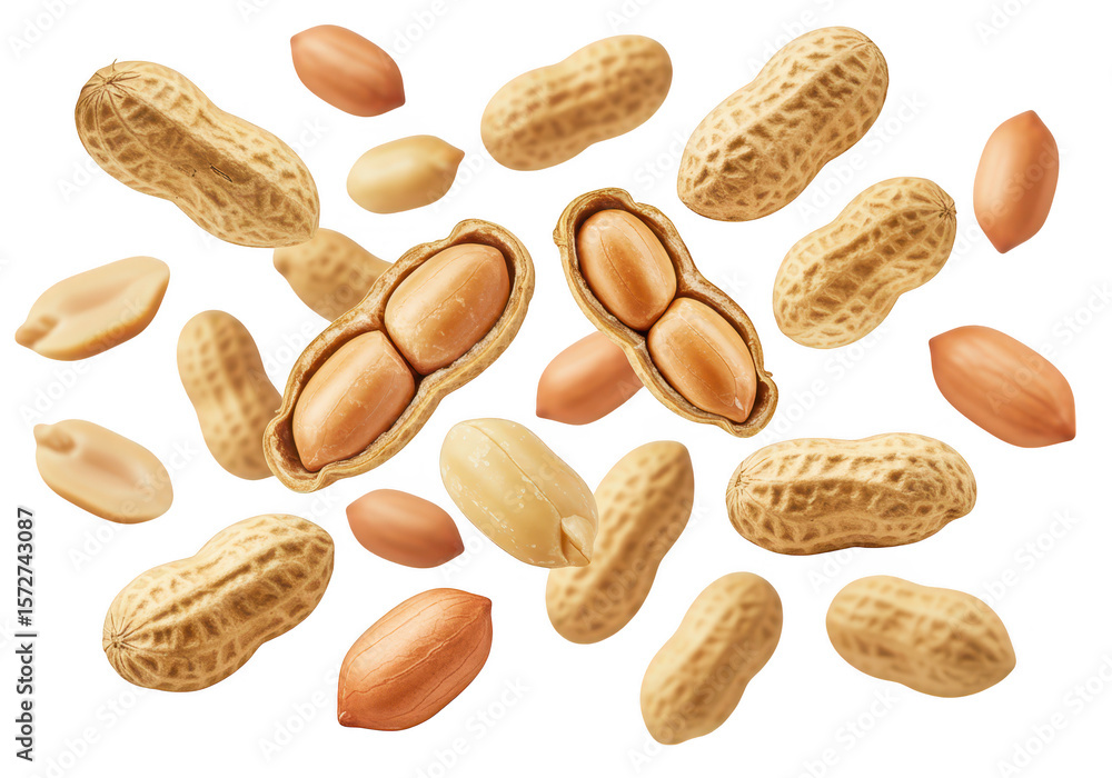 Poster a group of peanuts with and without shells are isolated on white isolated on transparent background