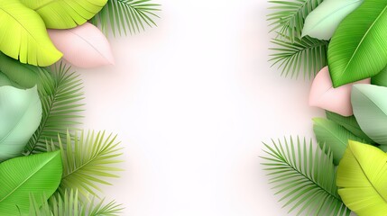 Vibrant, pastel-colored tropical leaves frame a white background