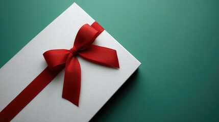 Close-up of minimalist white box tied with red ribbon, placed diagonally on a green background with empty space
