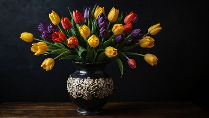 A stunning bouquet of yellow, red, and purple tulips in an ornate black vase, creating a dramatic and elegant floral arrangement on a wooden table against a dark background