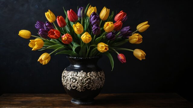 A stunning bouquet of yellow, red, and purple tulips in an ornate black vase, creating a dramatic and elegant floral arrangement on a wooden table against a dark background - Powered by Adobe