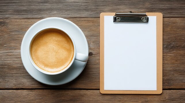 Coffee and clipboard with printed invoice, representing freelance or business services, copy space available