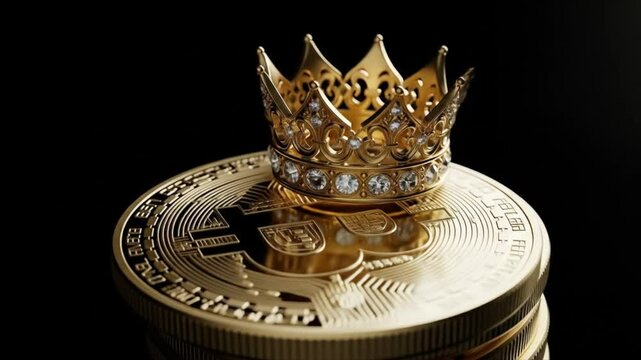A golden crown rests atop a stack of Bitcoin coins against a dark background.