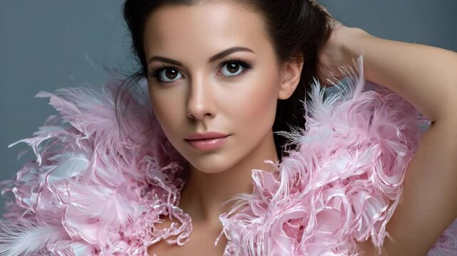 Close-up of a beautiful woman wearing a pink feather boa. Ideal for fashion and elegance themes. Portrait of a charming brunette framed by delicate pink feathers on a gray background.