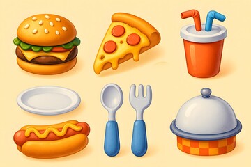 	Restaurant and Food 3D Icons on Cream Background