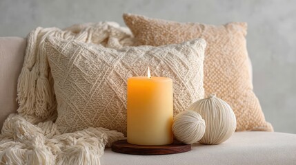 Cozy sofa with knit throw, candlelight glow, and textured pillows, clean wall in background