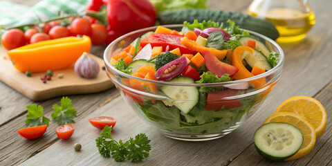 A bowl full of vegetables. Healthy salad. Woody background. Breakfast, lunch and dinner. Dietary fiber. Healthy eating. Green vegetables. Vitamins. Minerals.