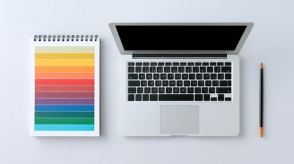 Naklejka premium Creative agency layout with color palette, laptop, and sketchbook, clean background with empty space