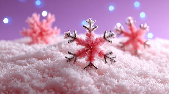 Pink cake topped with three white snowflake decorations against a solid purple background. - Powered by Adobe