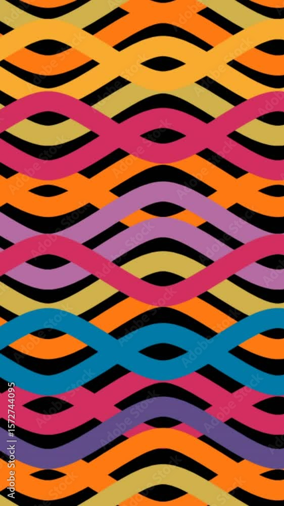 Poster digital animation of light trails over colorful cross lines against black background