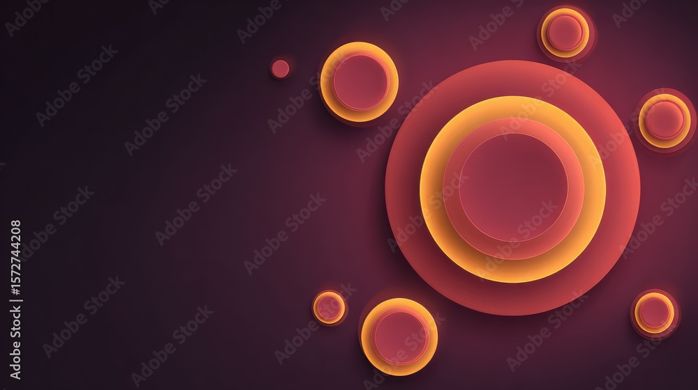 Poster dark red background with glowing abstract rings and curves, futuristic style with center copy space
