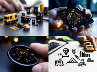 Businessperson with tiny vehicles, charts, and round device doing some data mapping