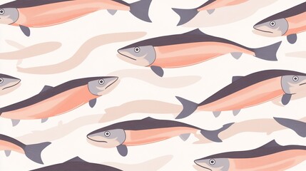 Seamless Pattern of Salmon Fish in Pink and Gray, Perfect for Seafood Themes