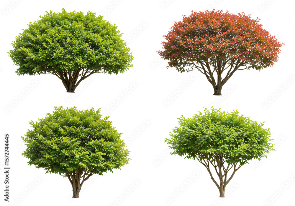 Poster a collection of four isolated trees with varying foliage colors on a transparent background