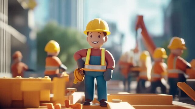 Cute Cartoon Construction Worker Smiling at Urban Building Site

