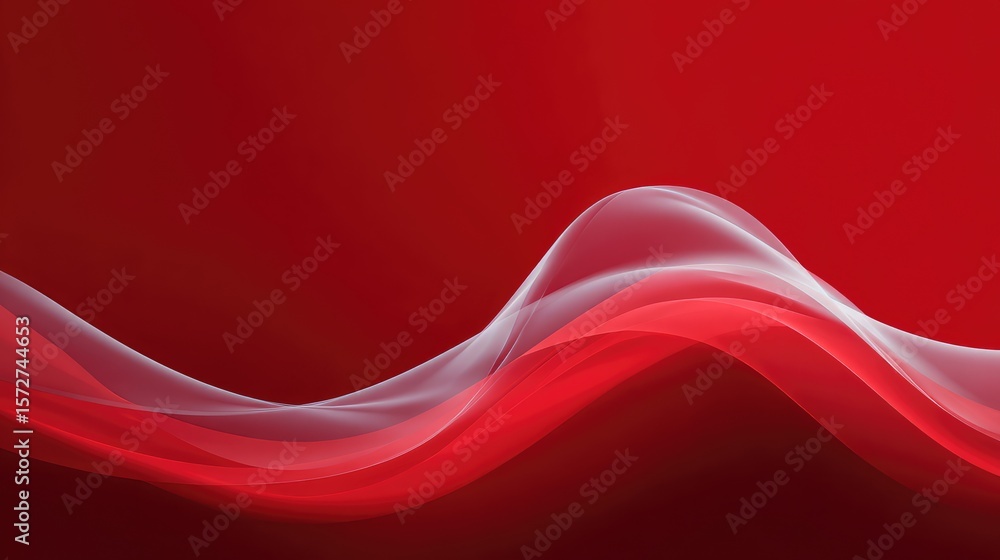 Poster deep red background with layered transparent wave overlays creating movement and copy space