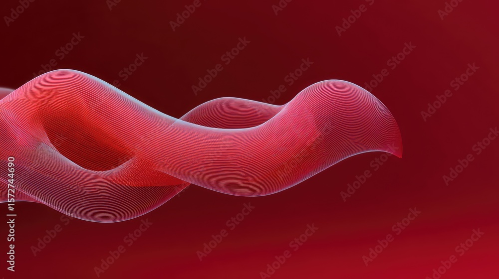 Poster deep red background with layered transparent wave overlays creating movement and copy space