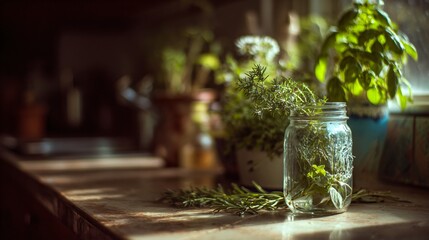 Cutting herbs in soft light kitchen, vintage jar beside