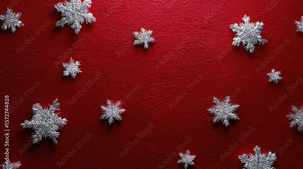 Aufkleber deep textured red background with silver snowflakes scattered around and copy space in the middle