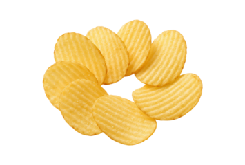 Crispy Ridged Potato Chips Arranged in a Circle, Isolated on Transparent and White Background