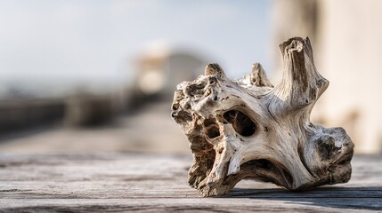 Obraz premium Driftwood sculpture on outdoor table, negative space around