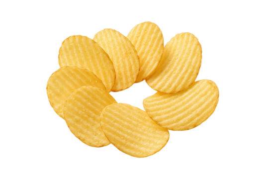 Crispy Ridged Potato Chips Arranged in a Circle, Isolated on Transparent and White Background