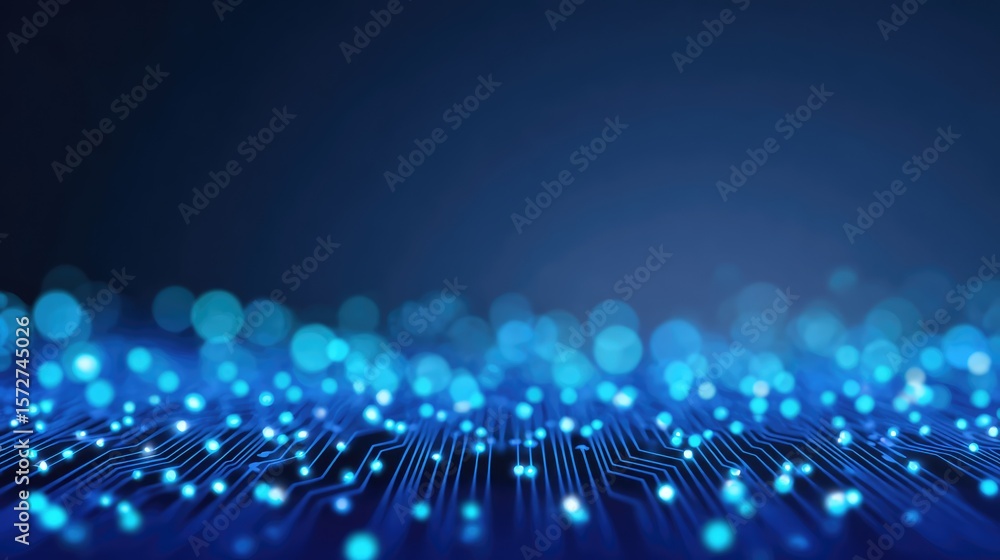 Poster digital data background with glowing circuit board patterns and blue light reflections