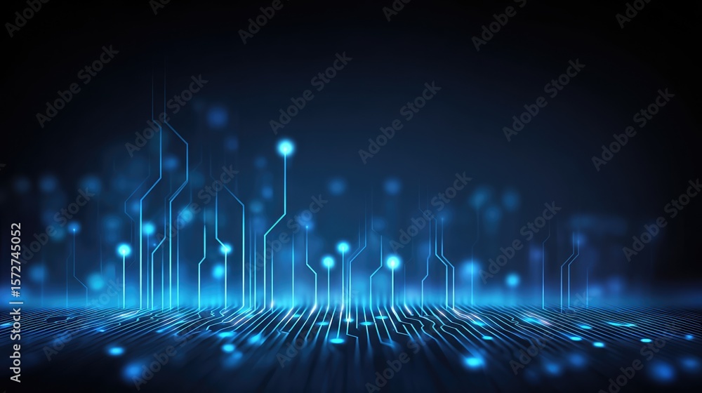Poster digital data background with glowing circuit board patterns and blue light reflections