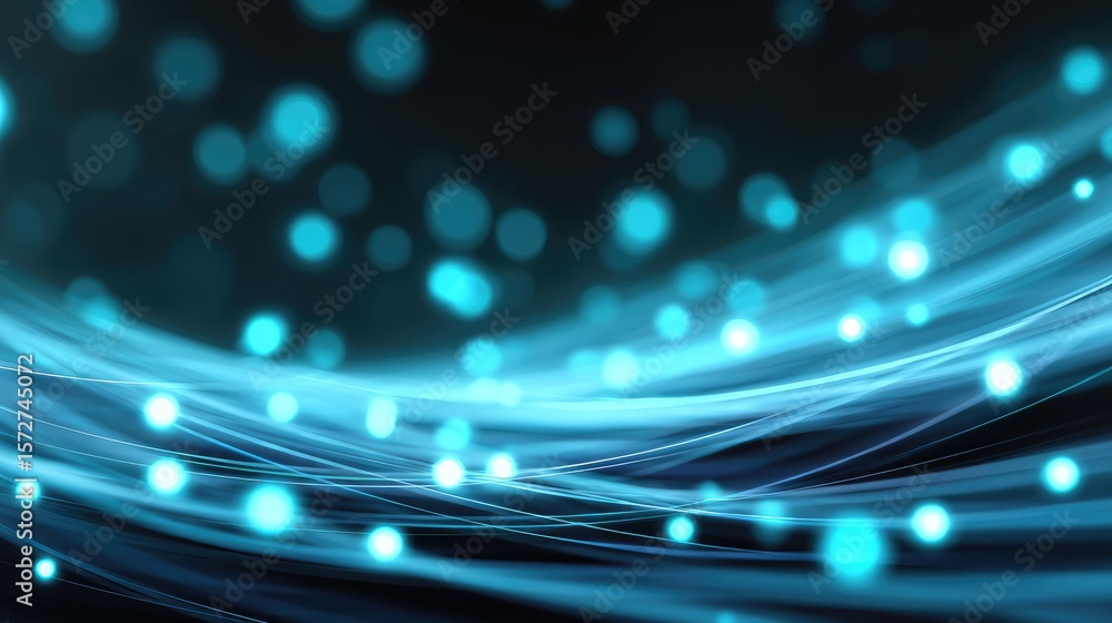 Poster digital data background with swirling light trails and connected glowing nodes in cool blue tones